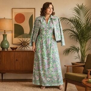Abe Schrader Vintage Maxi Dress Floral Psychedelic Pink Green Womens 12 ILGWU